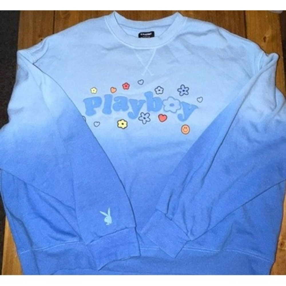 Playboy by PacSun Womens Blue Ombre Graphic Pullover Sweatshirt Large Flower Y2K